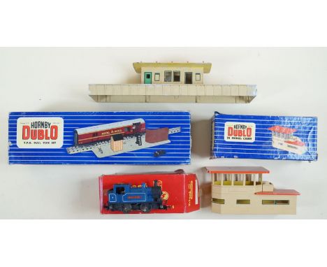 A Hornby OO guage TP mail van set boxed with a Horny DI signal cabin, a Triang Nellie tank engine boxed and a station platfor