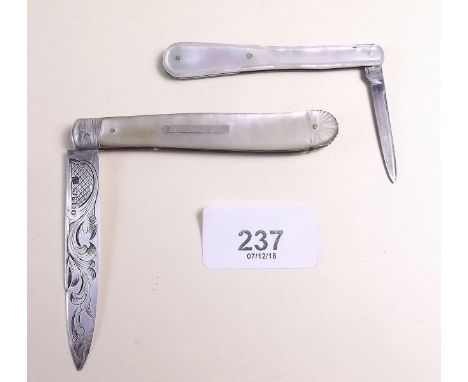 Two silver bladed and mother of pearl knives