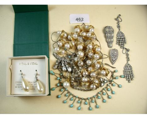 A simulated pearl and gilt metal long necklace and earrings, plus various vintage diamante jewellery