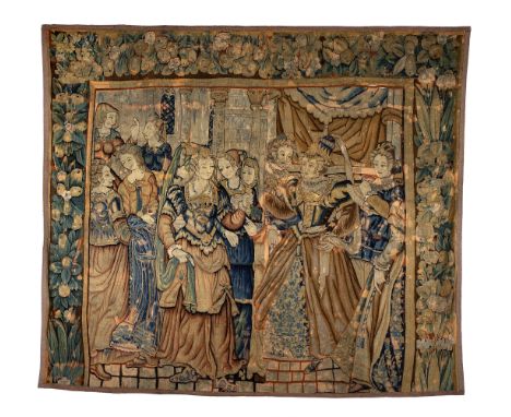 Flemish tapestry from the late 16th century, possibly from the Oudenaarde workshop."Queen Esther dresses to see Ahasuerus'.Re