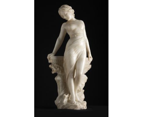 EMILIO FIASCHI (Italy, 1858 - 1941)."Female nude".Alabaster.Signed.Size: 58 x 27 x 17 cm.The fineness of the finishes and the