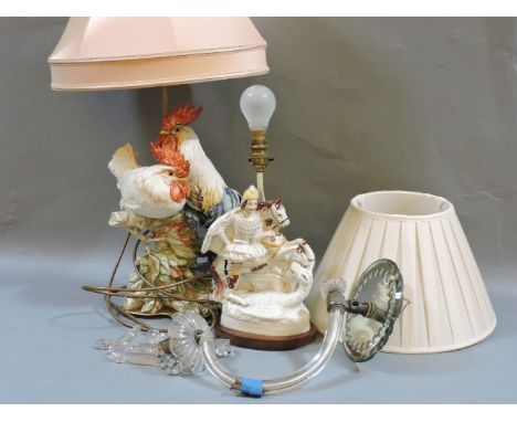 Two pottery table lamps and shades, cockerels, 40cm high, and a glass wall lustre light