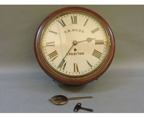 A 19th century single fusee wall clock, the dial inscribed for T R Miles, Crediton, in mahogany case, dial 30.5cm, this clock