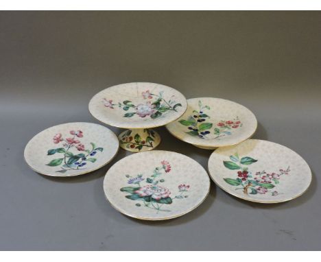Three Royal Worcester plates, two comports decorated with floral pattern, and a 19th century tea service, white ground with g