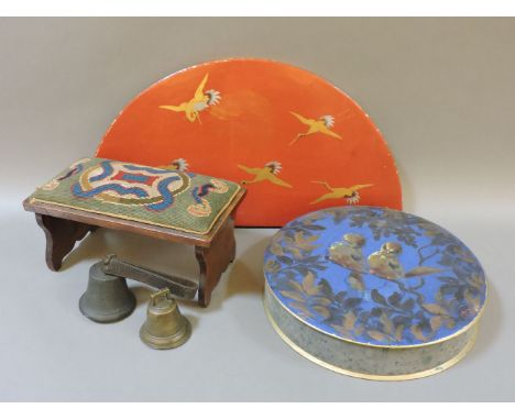 A Victorian travelling foot stool, with tapestry cushion and folding legs, a lacquer fan case painted with cranes, two hand b