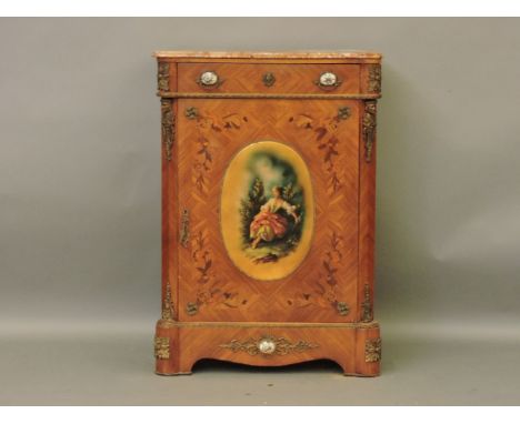 A Louis XV style marble top commode, 74 x 93cm wide, and a similar cupboard, 67cm wide
