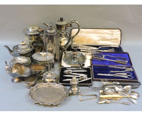 A quantity of 19th century and later silver plate, to include a hot water jug, coffee pot, tea caddies, three piece teaset, h