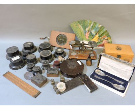 A small quantity of bijouterie, to include a mechanical magic lantern slide, an LB & SCR Loco Dept badge, a Mauchline ware bo