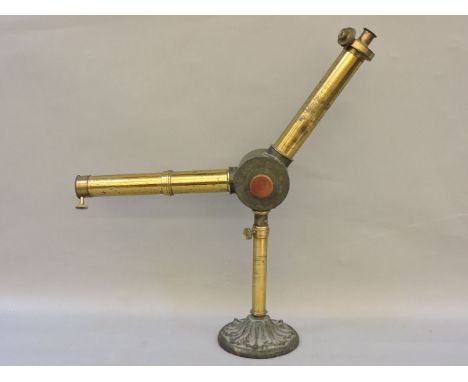 A 19th century angled brass spectroscope/telescope, with removable prismatic lens and slotted lens cap, on an adjustable stan