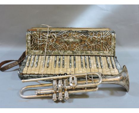 A silver plated trumpet, by T Reynolds and Sons, and a piano accordion 'La Divina'