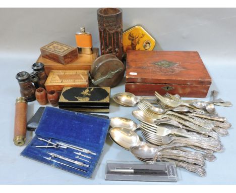 A plated Kings pattern flatware service, a carved bamboo brush pot, a vintage wooden fishing reel, wooden boxes, etc