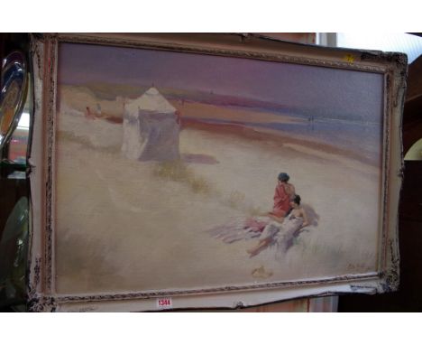 R Le Rossett,&nbsp;figures on a beach, signed and indistinctly dated, oil on canvas laid on board, 49.5 x 74.5cm. 