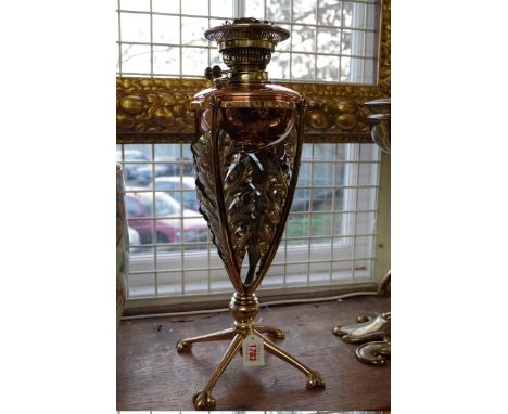 An Art Nouveau brass, electroplate and copper oil lamp, in the manner of W A S Benson,&nbsp;total height 49cm, (lacking shade