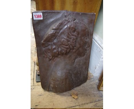 A painted pottery plaque, relief moulded with a head and shoulders portrait of a Renaissance style lady, 35 x 24.5cm. 