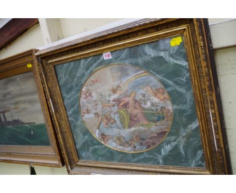 A hand coloured engraving of classical figures, 31 x 36.5cm oval, in a painted mount. 