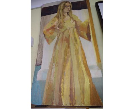 English School, full length portrait of a standing lady, oil on board, 122 x 63.5cm, unframed.&nbsp; 