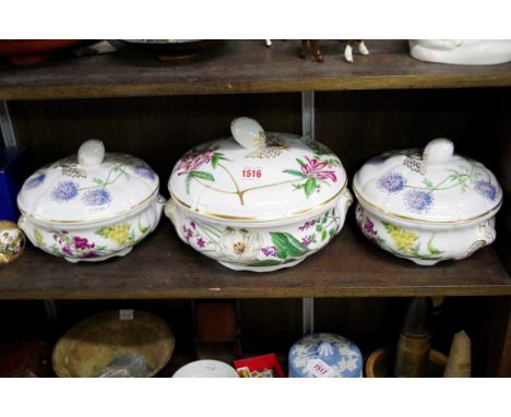 Three Spode 'Stafford Flowers' twin handled tureens and covers, largest 26cm wide. 