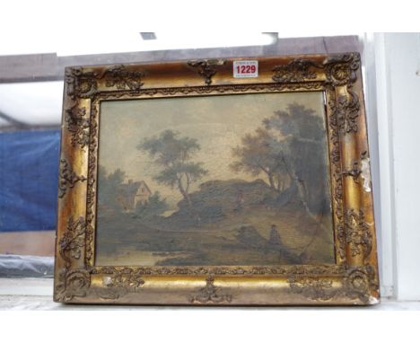 English School, 19th century, figures in a landscape, oil on canvas, 21.5 x 29cm; together with another engraving in a verre 