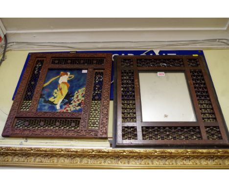 An enamel panel of a young lady,&nbsp;in an eastern carved and pierced hardwood frame, the whole 46 x 41cm; together with a s