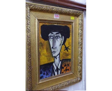 Manner of Bernard Buffet, head and shoulders portrait of a gentleman, inscribed verso, oil on canvasboard, 28.5 x 21cm. 