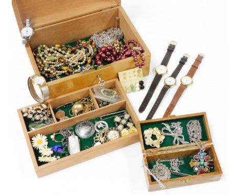 Various costume jewellery, a Swarovski dress ring, mother of pearl finish pen knife, 5cm wide, wristwatches, beads necklaces,