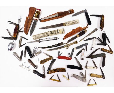 A collection of various penknives, folding horn handle knife with fork, spoon, corkscrew, etc., when closed 12cm wide, other 