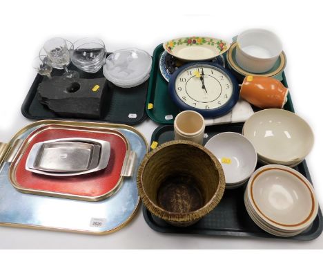 Various household effects, to include glassware, Mountainwood collection stoneware bowls, Denby serving bowls, wall clock, tr