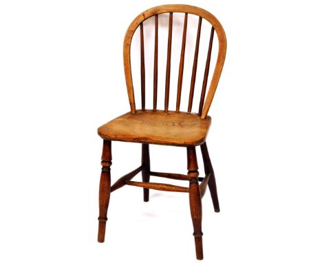Amos (Grantham). A 19thC hoop back ash and elm open chair, with turned spindles, shaped seat and single ring turned front leg