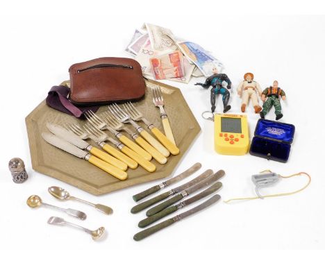 Various silver plated flatware, small quantity of action figures, low grade African silver tray, various bank notes, miniatur