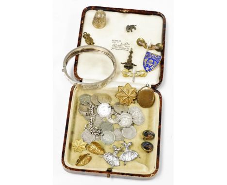 Various silver jewellery, etc., bangle, 3d coin bracelet, base metal flower head brooch 3cm wide, etc. (a quantity)