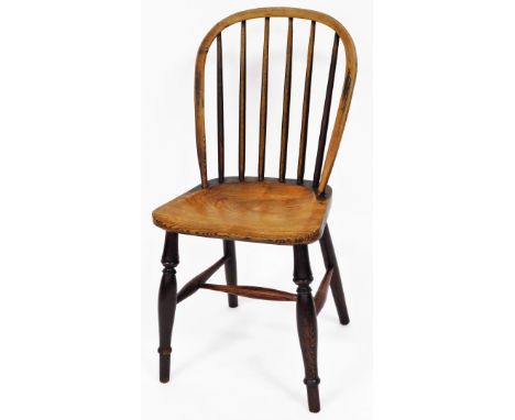 Taylor (Grantham). A 19thC hoop back chair, with plain spindles, shaped seat, ring turned front legs, and H stretcher, stampe