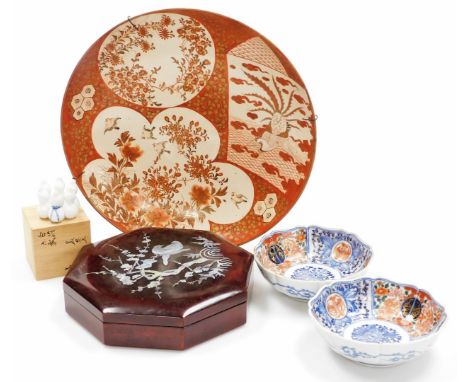 A group of Oriental china and effects, to include a Japanese porcelain Kutani charger, decorated in red and orange with shape