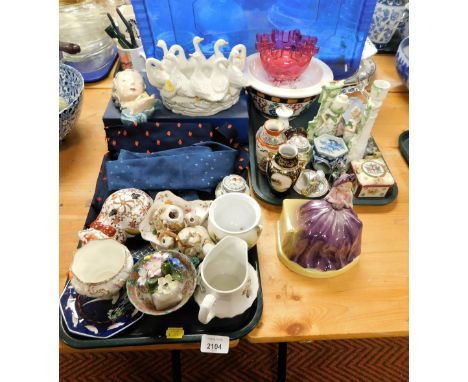 A group of ceramics and glassware, to include three Royal Crown Derby pin dishes, vase, geese ornament, cups and saucers, Bri