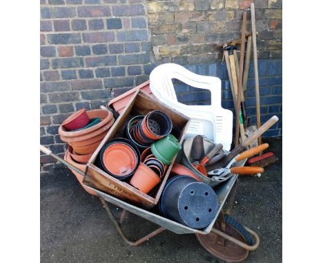 Various gardening and other items, to include a metal wheelbarrow, various plant pots, garden shears, two plastic patio chair