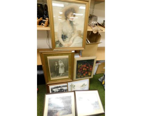 A group of framed pictures and prints, to include river town scenes, in gilt framed prints, oil on board, unsigned, a railway