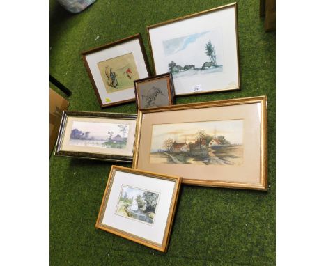 A group of pictures, prints and watercolours, to include a humorous punch 1925 golfing print, a watercolour of an Eastern lak