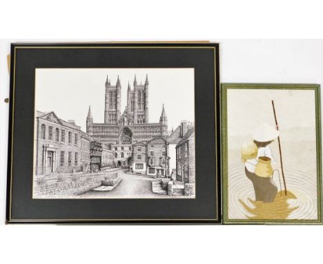 A print of Lincoln Cathedral from Castle Square after John Bangay, and an Eastern silk embroidered figure of a woman fishing.