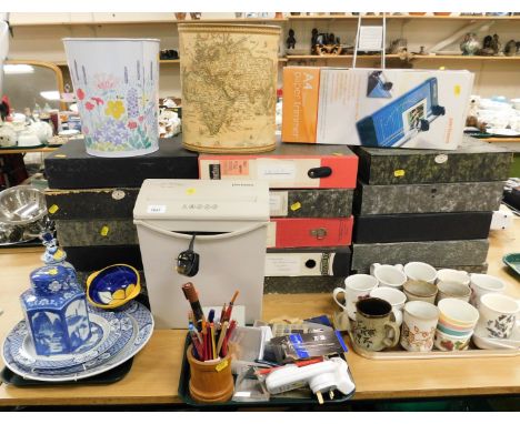 Assorted stationery and ceramics, to include two waste paper bins, various box files, a Partners shredder, paper trimmer, tim