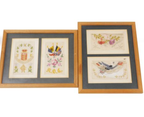 Various framed postcard silks WW1, etc. Army Ordnance Corps, etc., in two frames, 26cm x 21cm. (4)
