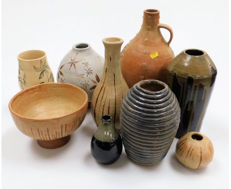 Various stoneware vases and effects, to include a large jug, a ribbed iridescent vase marked Evans, a painted floral vase mar