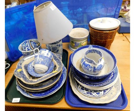 A quantity of blue and white ceramics and effects, to include tureens, dinner plates, serving plates, table lamps, St. Michae