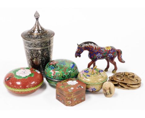 A group of Eastern and Oriental style ceramics, to include various imitation cloisonne trinket boxes, horse, Netsuke type fig