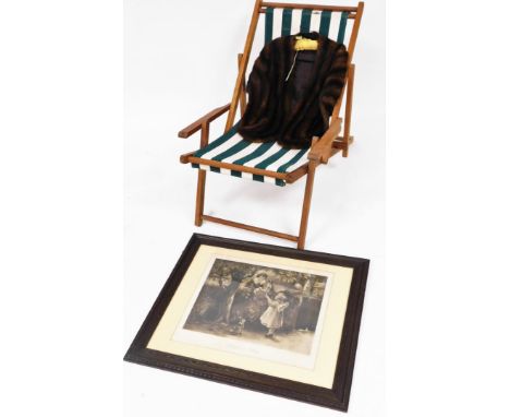 A fur shoulder stole, of quarter length, in dark colours, 66cm high, a folding deck chair, with material seat, and a print en