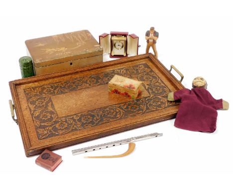 Treen collectables, etc., an early 20thC heavily caved oak tray of rectangular form with metal handles, 53cm wide, carved pip