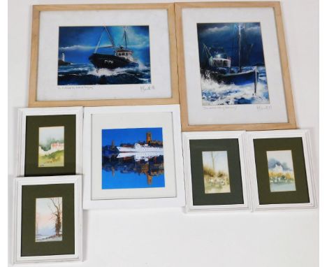 A group of pictures and prints, four small watercolours each signed H C T 54, of various landscape scenes in white frames, 7c
