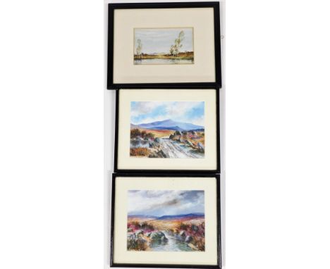 Three framed watercolours, two signed S R Knowles, Moorland scenes 22cm x 17cm, and another xxx (1925), river scene, 19cm x 1