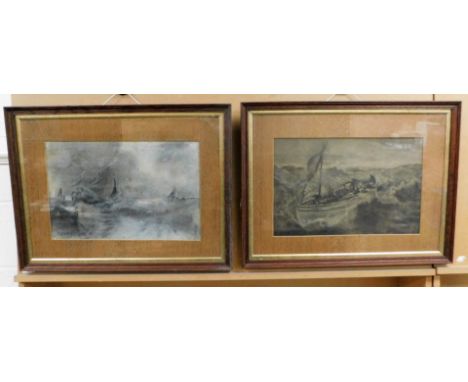 M Kelly (19th/20thC). Two charcoal pictures of masted ships, signed, in oak frames, 27cm x 42cm.  N.B. This lot is sold on be