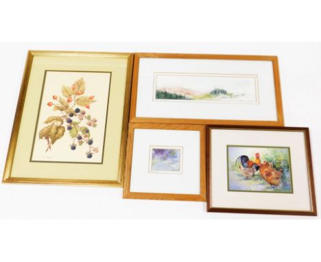 Four framed pictures and prints, comprising Dillys M Evans (21stC). Dawn wind, watercolour, signed and titled, framed, 6cm x 