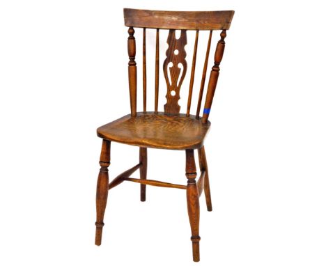 Taylor (Grantham). A 19thC ash and elm side chair, with block cresting rail, pierced back splat, turned rail, shaped seat and