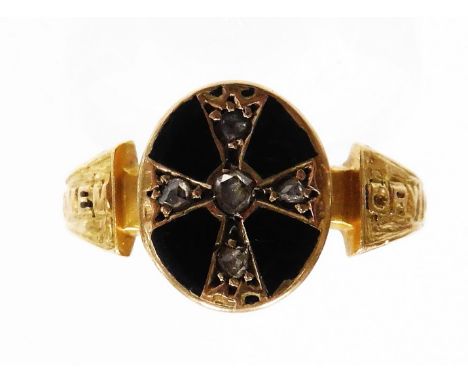 An 18ct gold Victorian memorial ring, the oval panel set with black enamel and tiny diamonds, on splayed shoulders, bearing w